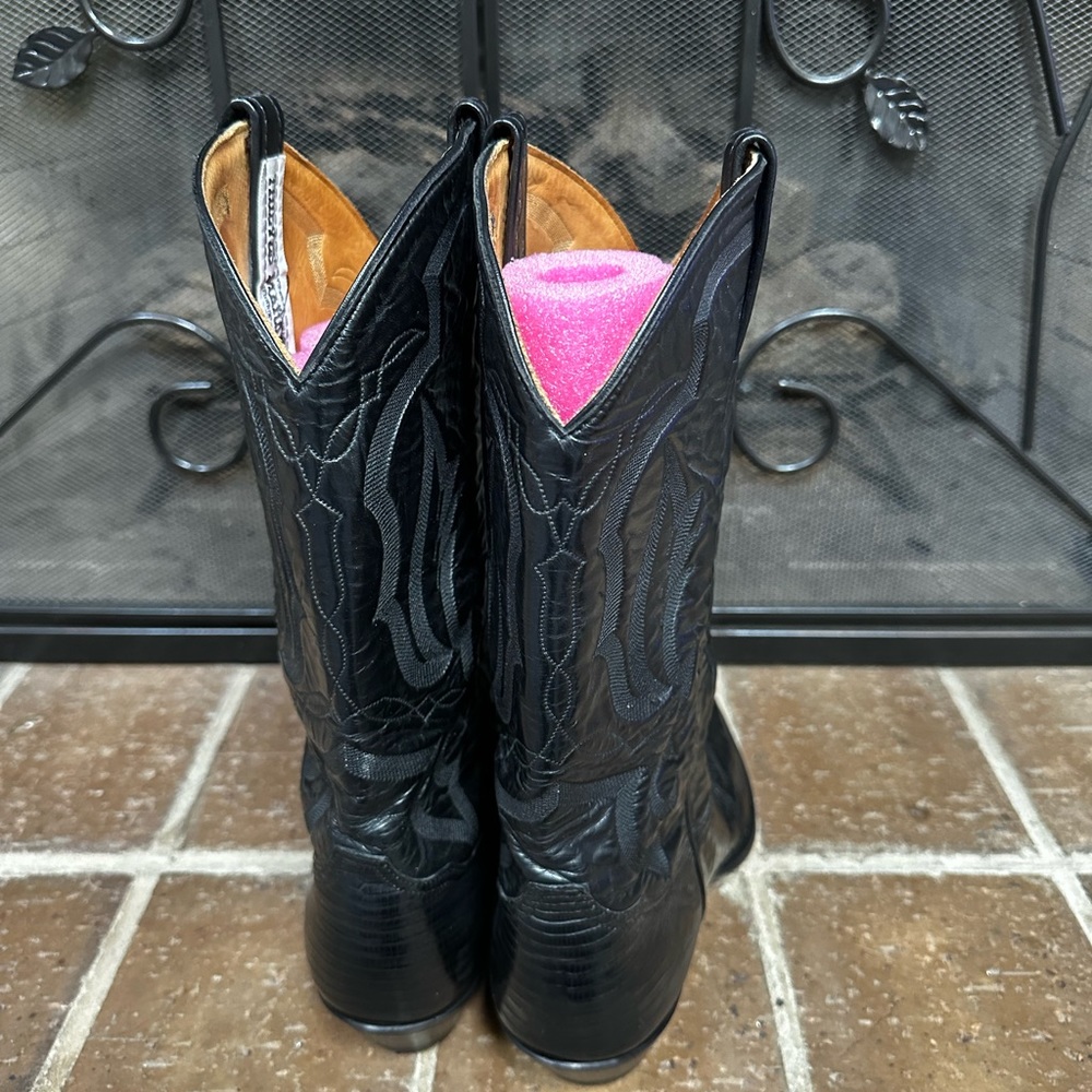 Slightly worn cowboy boots.